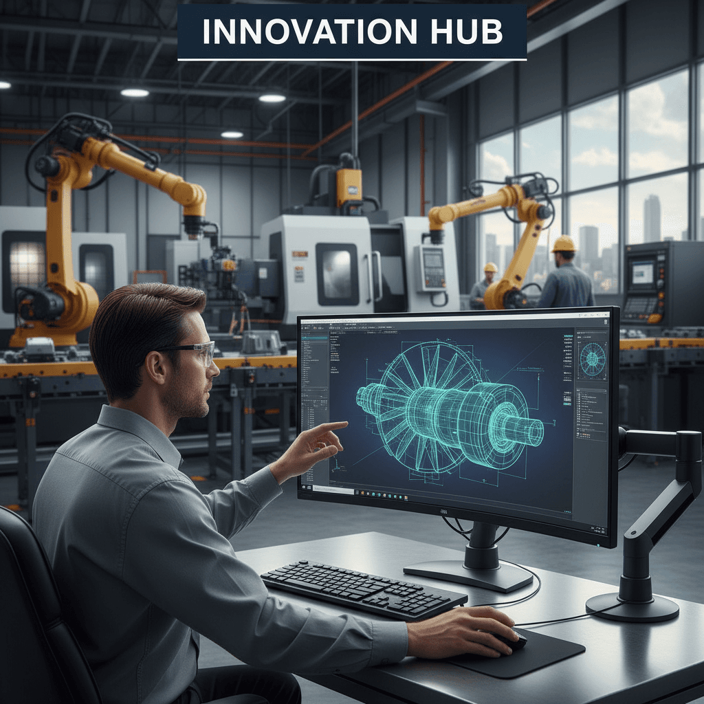 Engineer reviewing CAD design for precision manufacturing